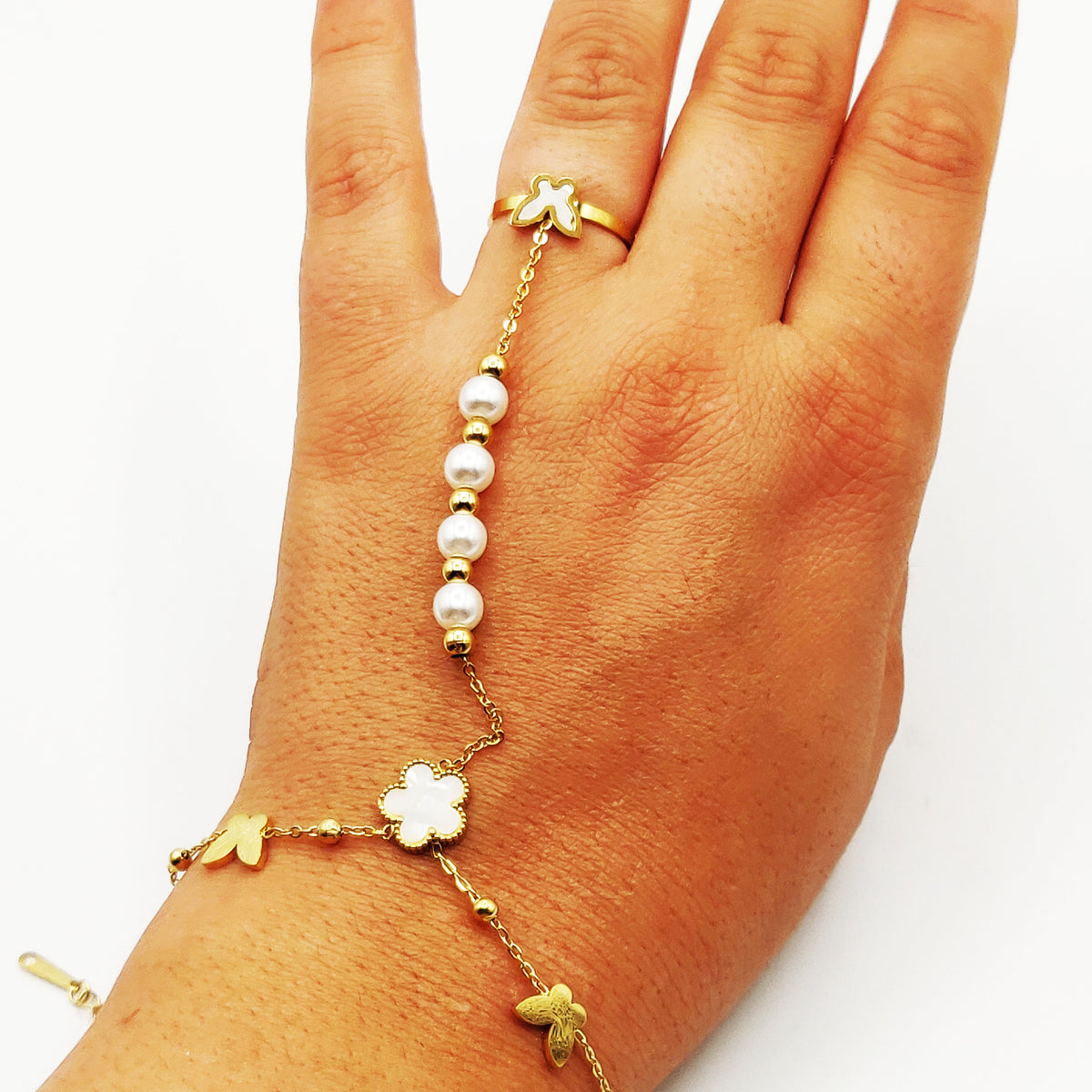 Bracelet / Chaîne de Main avec Bague Papillons et Marguerite Blanche Luxe