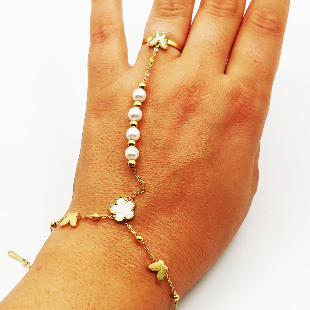 Bracelet / Chaîne de Main avec Bague Papillons et Marguerite Blanche Luxe