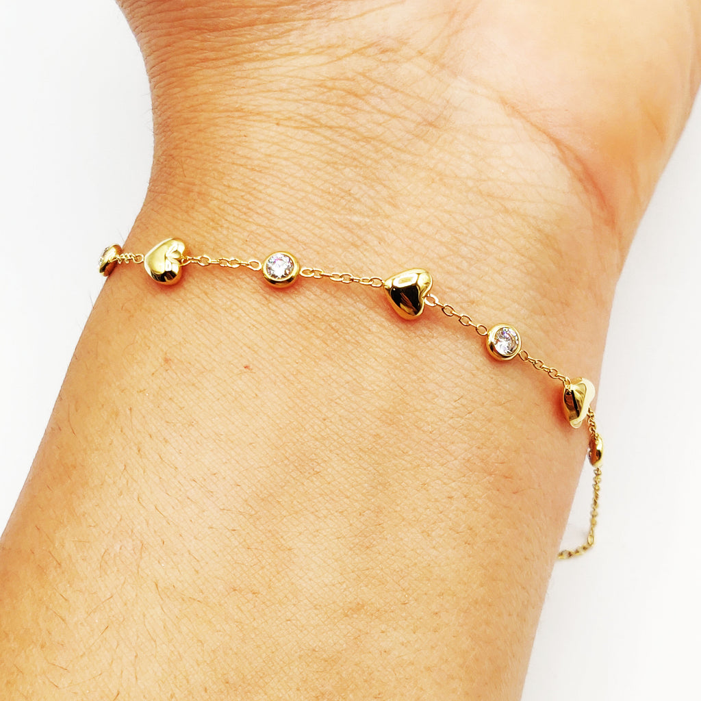 Bracelet Coeurs Bombés et Cristaux Ronds Luxe