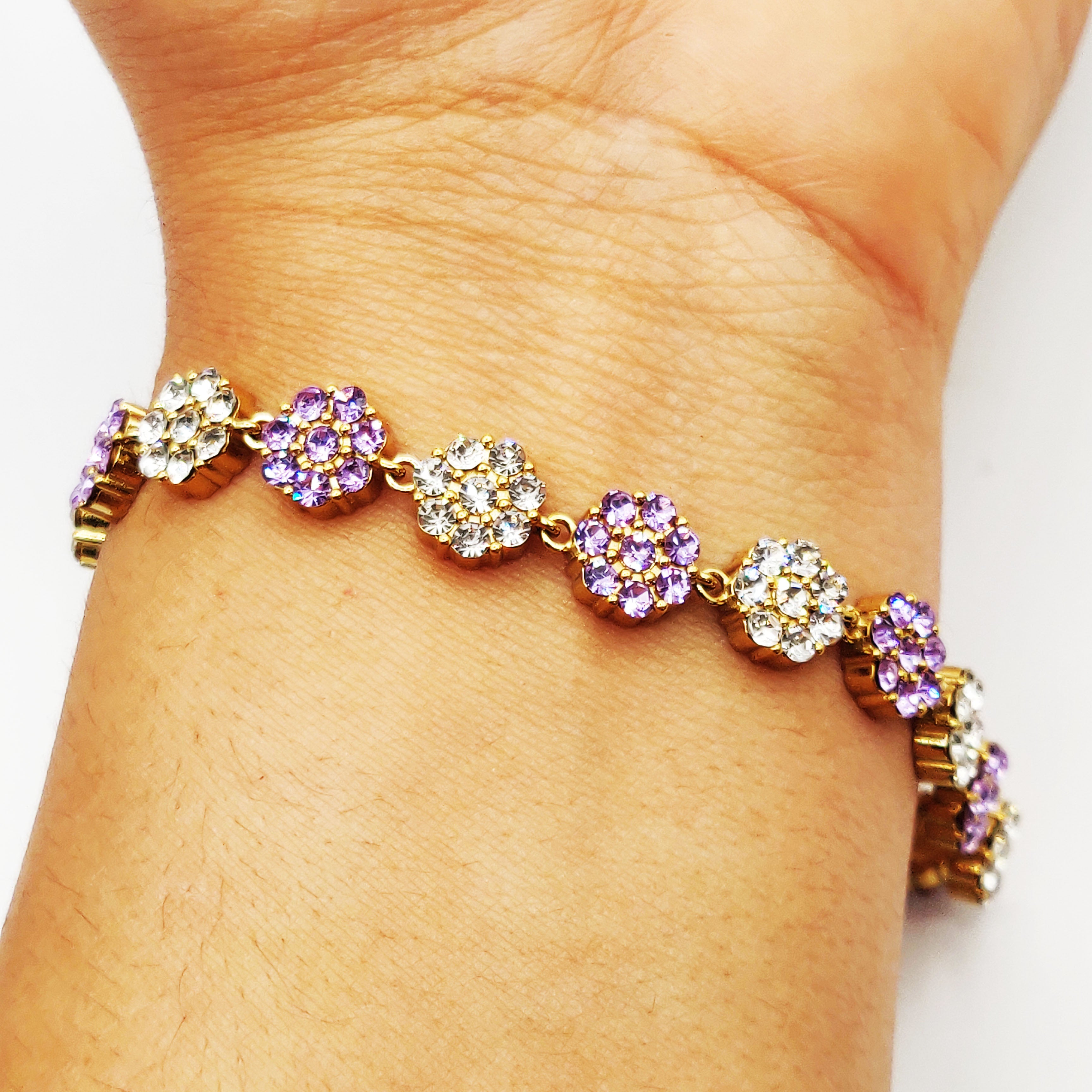 Bracelet Multi Fleurs de Cristaux Violets et Transparents Luxe