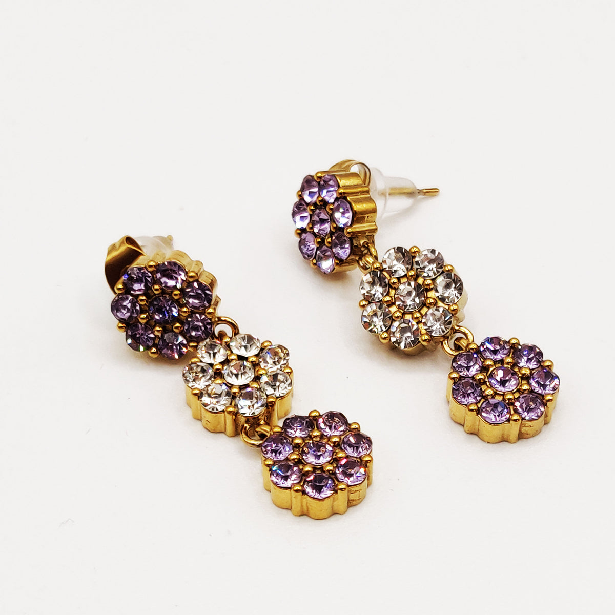 Boucles d'oreilles Multi Fleurs de Cristaux Violets et Transparents Luxe