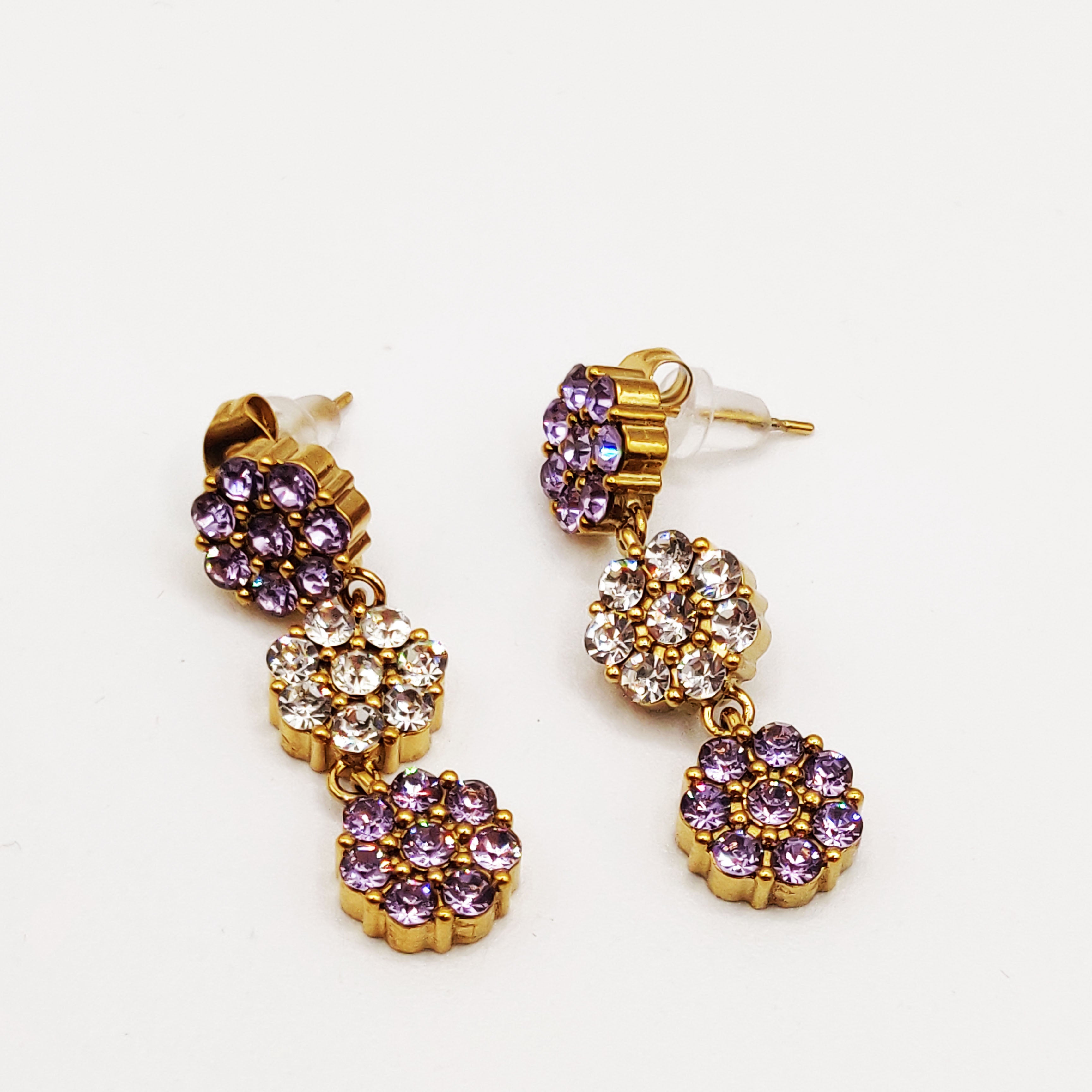 Boucles d'oreilles Multi Fleurs de Cristaux Violets et Transparents Luxe