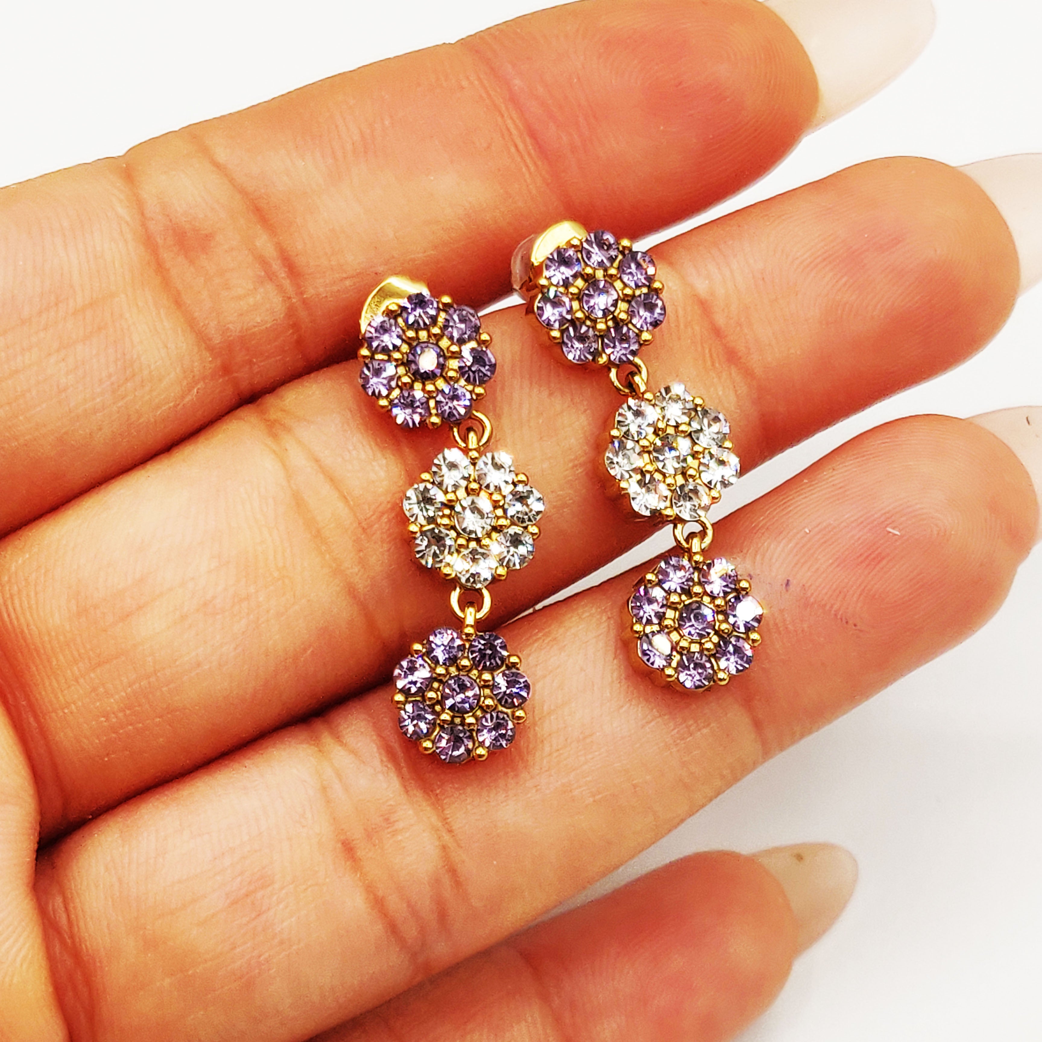 Boucles d'oreilles Multi Fleurs de Cristaux Violets et Transparents Luxe