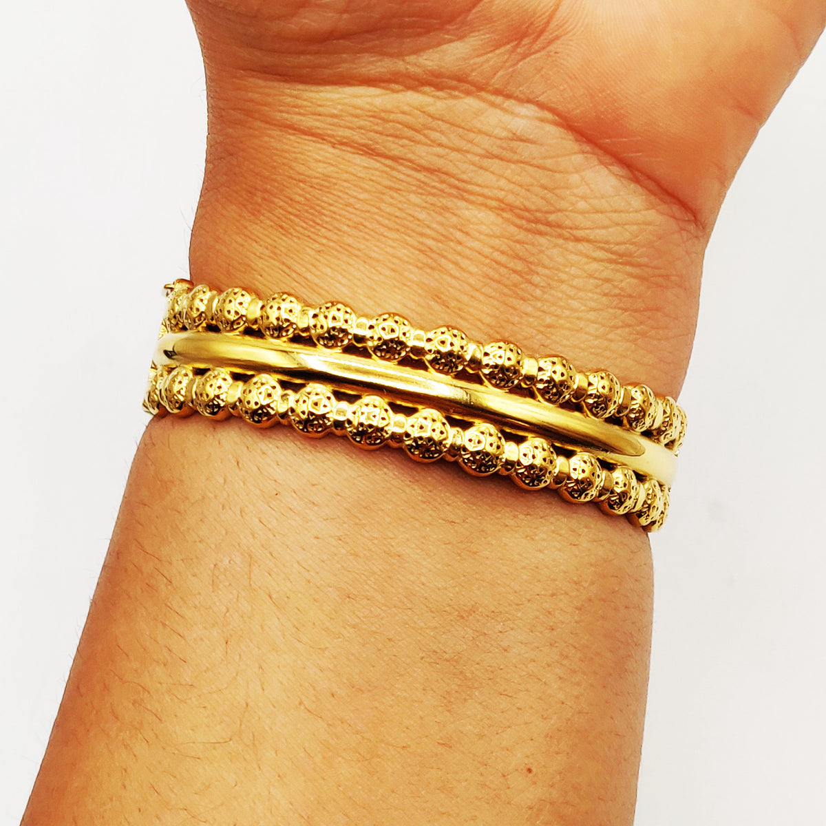 Bracelet Rigide Double Lignes Boules Orientales et Ligne Dorée Luxe