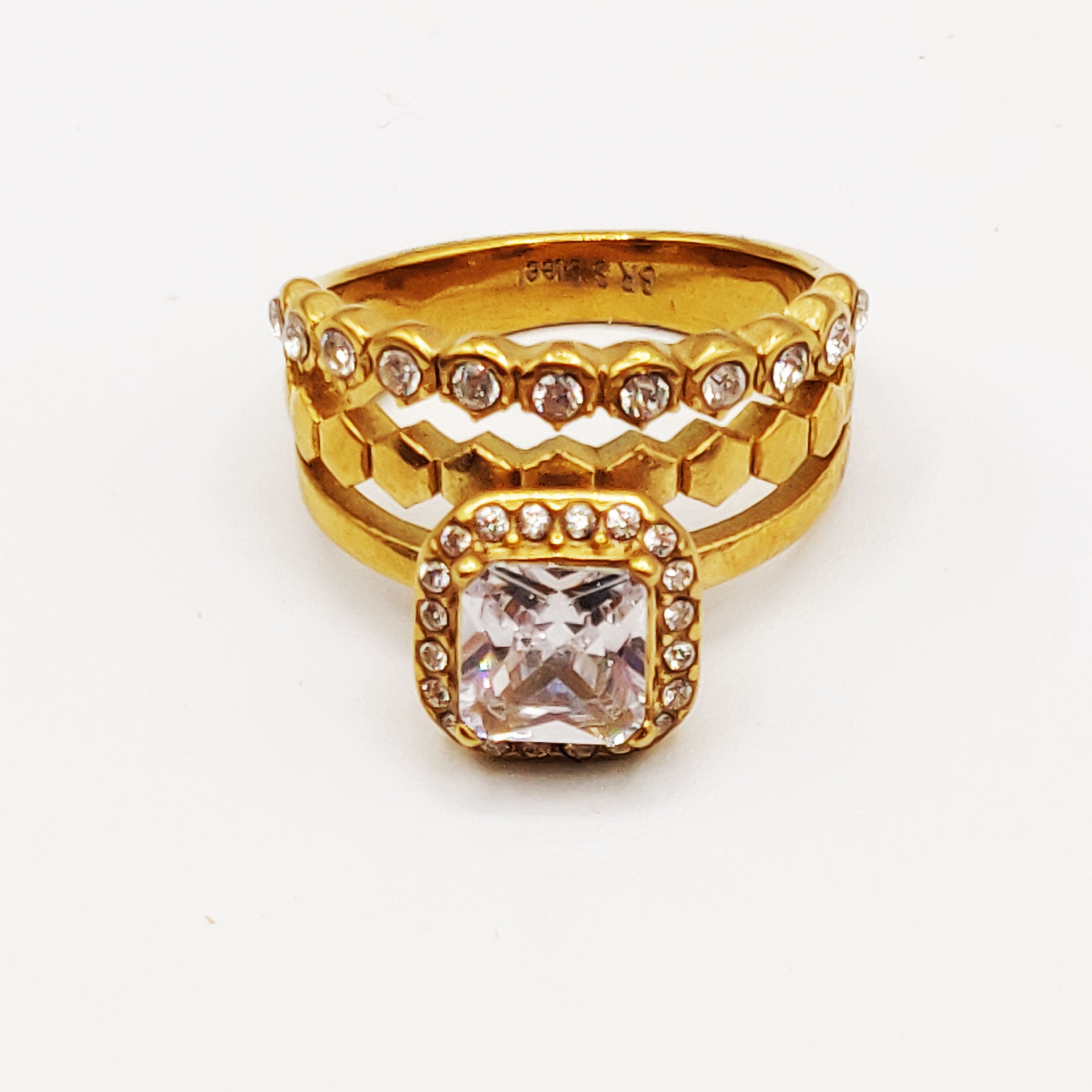 Bague Triple Lignes Hexagones et Cristal Carré Luxe
