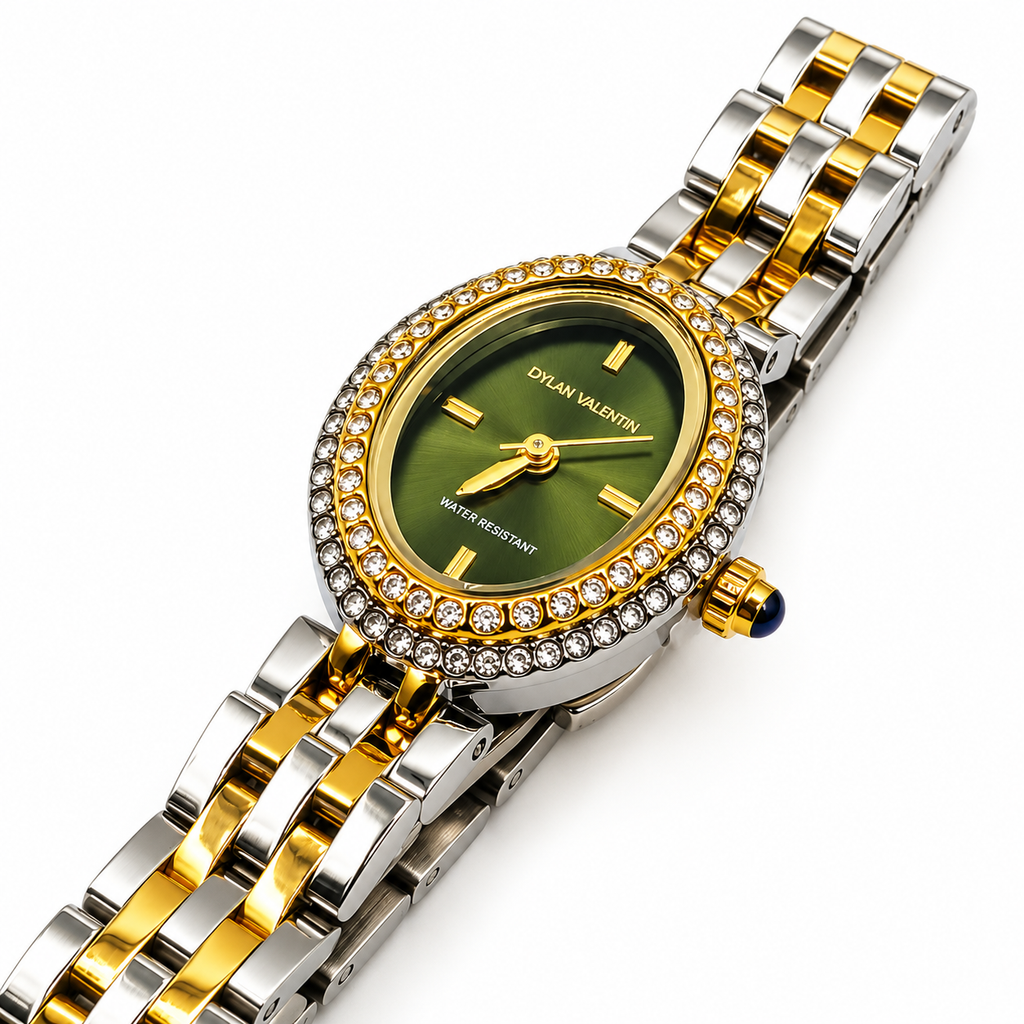Montre Dylan Valentin DV115125 Fond Vert Olive Bracelet Argenté et Doré