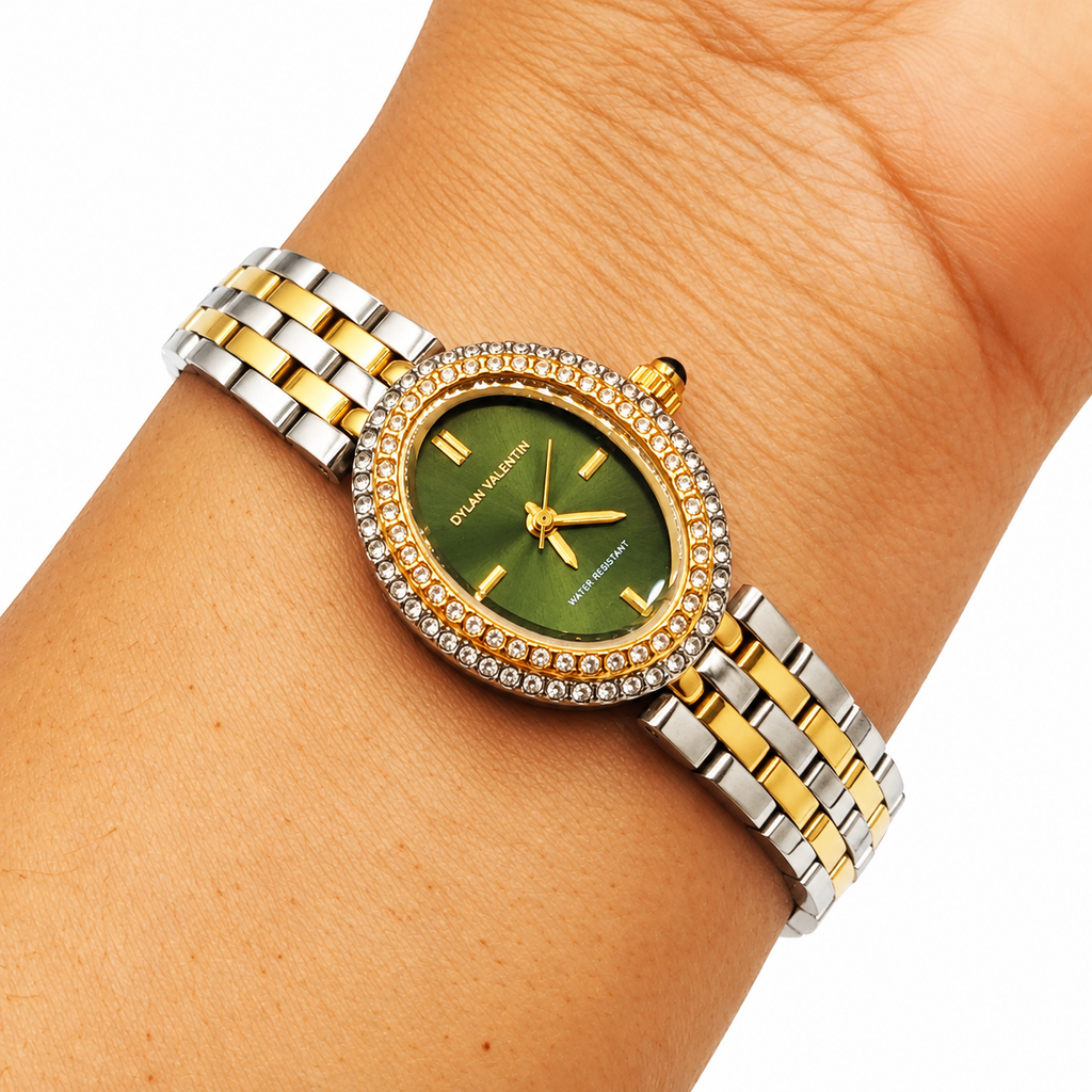 Montre Dylan Valentin DV115125 Fond Vert Olive Bracelet Argenté et Doré