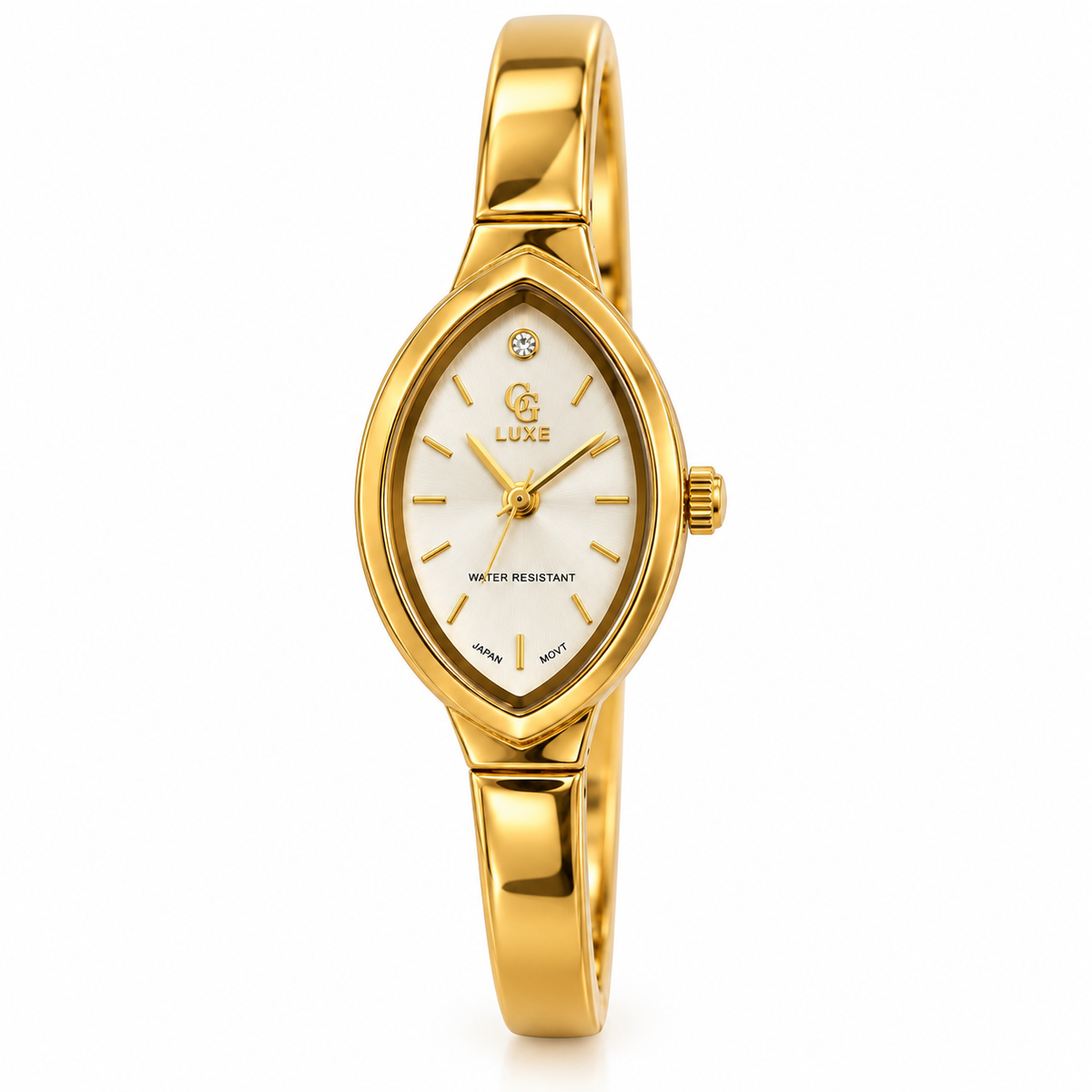 Montre GG Luxe Cadran Ovale Bracelet Doré Fond Blanc