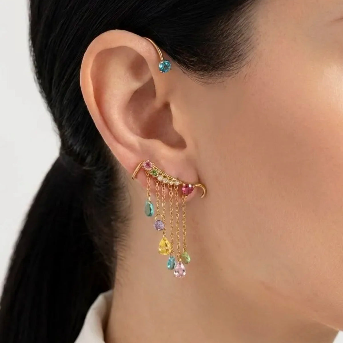 Boucle d'oreille Multi Pendentifs Cristaux Multicolores Luxe