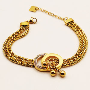 Bracelet Double Chaîne Double Cercles Pendentifs Perles d'imitation Dorées Luxe