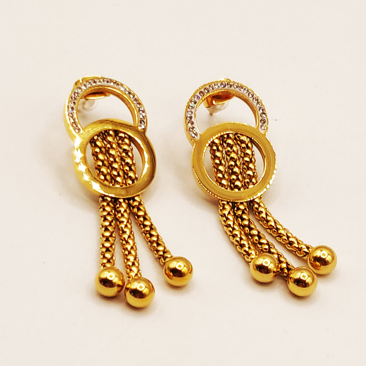 Boucles d'oreilles Double Chaîne Double Cercles Pendentifs Perles d'imitation Dorées Luxe