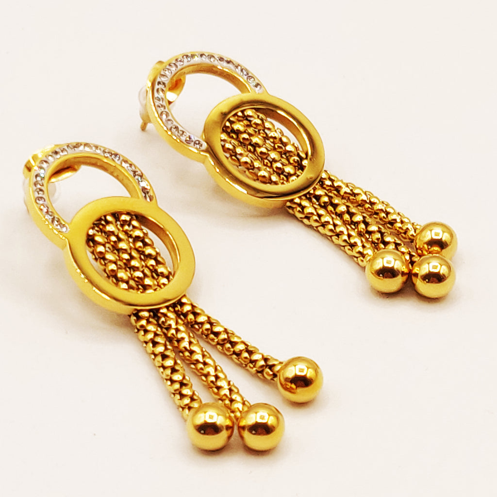 Boucles d'oreilles Double Chaîne Double Cercles Pendentifs Perles d'imitation Dorées Luxe