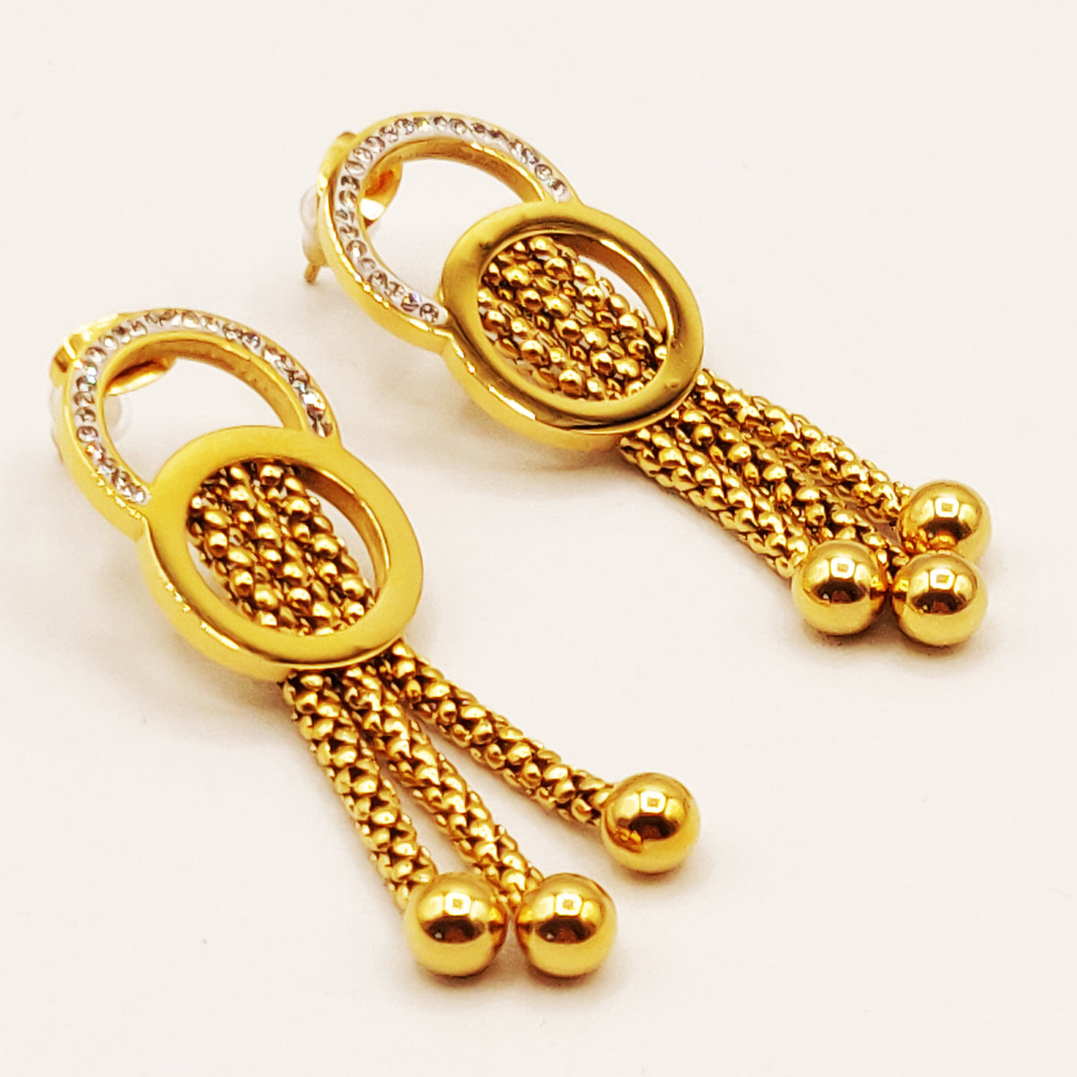 Boucles d'oreilles Double Chaîne Double Cercles Pendentifs Perles d'imitation Dorées Luxe