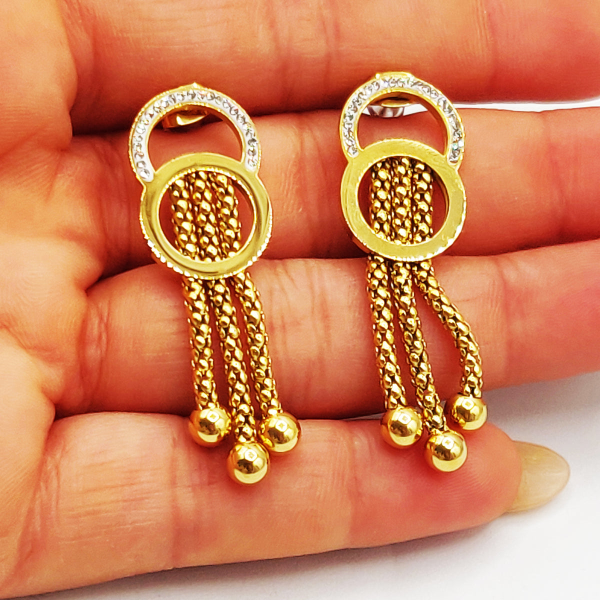 Boucles d'oreilles Double Chaîne Double Cercles Pendentifs Perles d'imitation Dorées Luxe