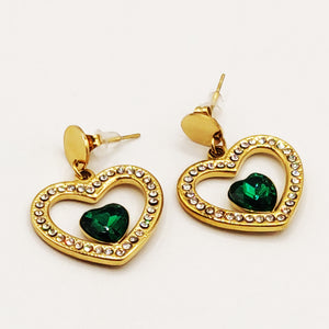 Boucles d'oreilles Coeur Tour Cristaux et Coeur Vert Luxe