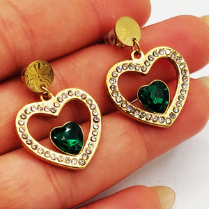 Boucles d'oreilles Coeur Tour Cristaux et Coeur Vert Luxe