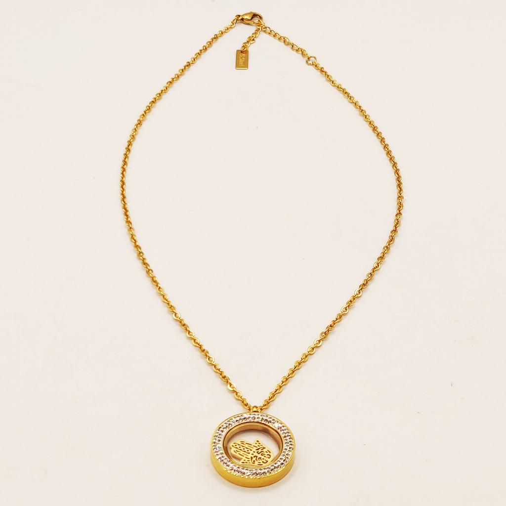 Collier Pendentif Cercles Cristaux Contenant Main de Fatma Luxe