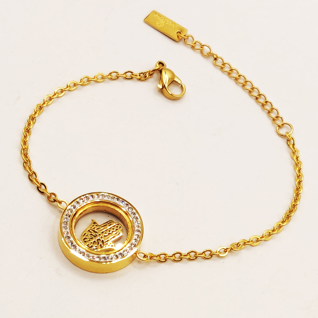 Bracelet Pendentif Cercles Cristaux Contenant Main de Fatma Luxe