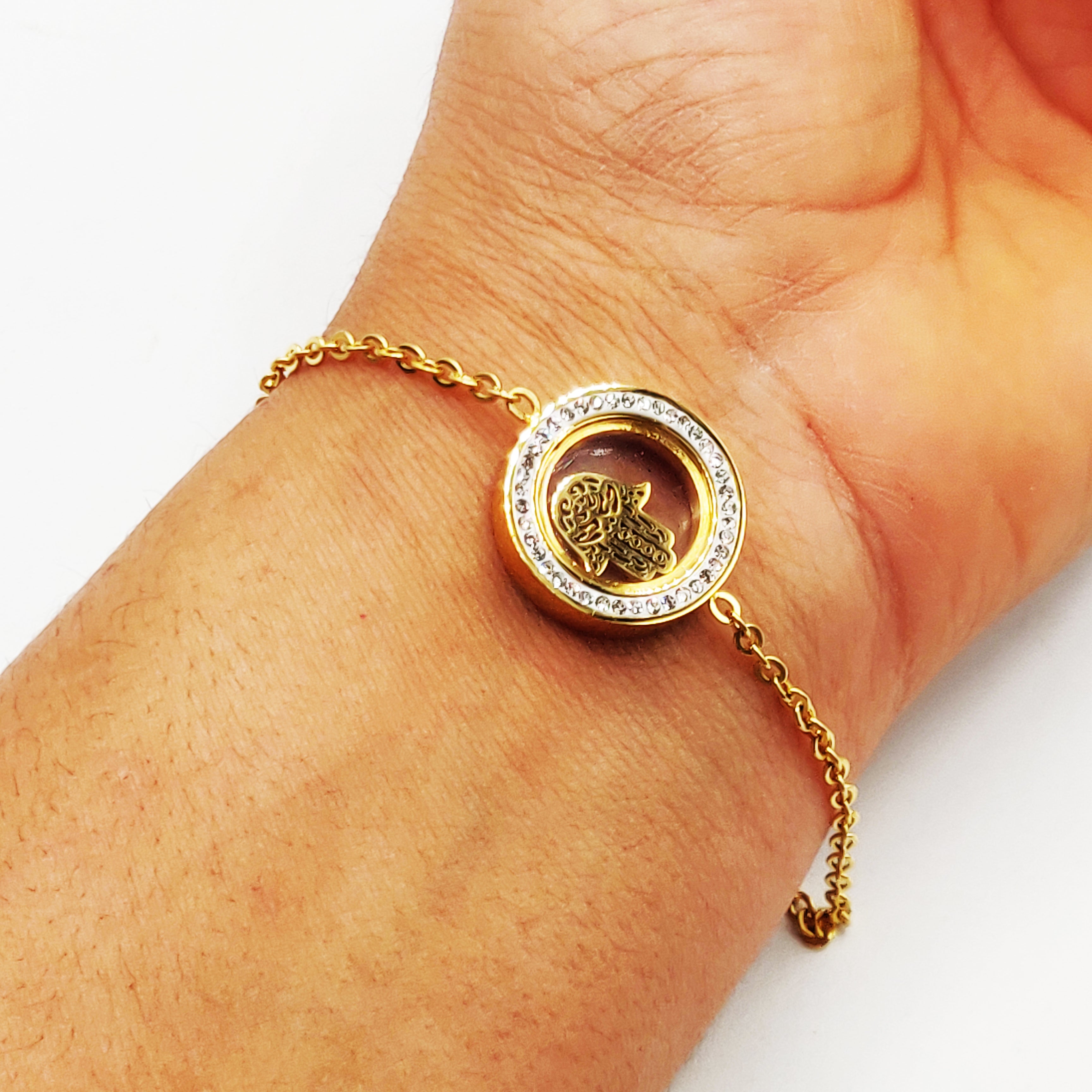 Bracelet Pendentif Cercles Cristaux Contenant Main de Fatma Luxe