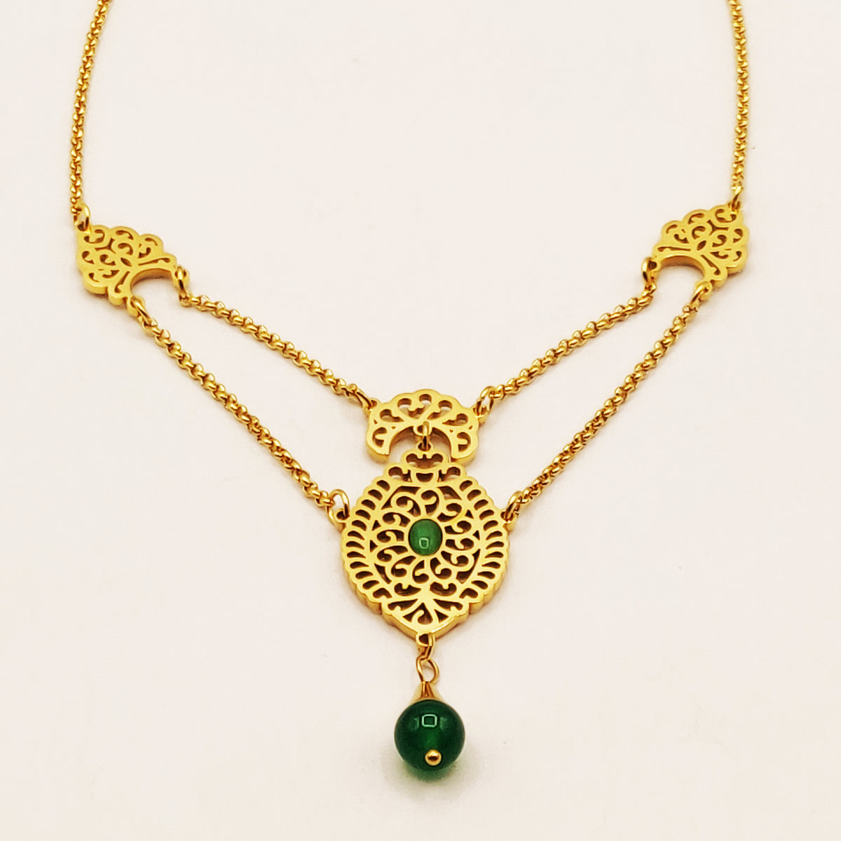 Collier Double Motif Oriental Pierres Vertes Luxe
