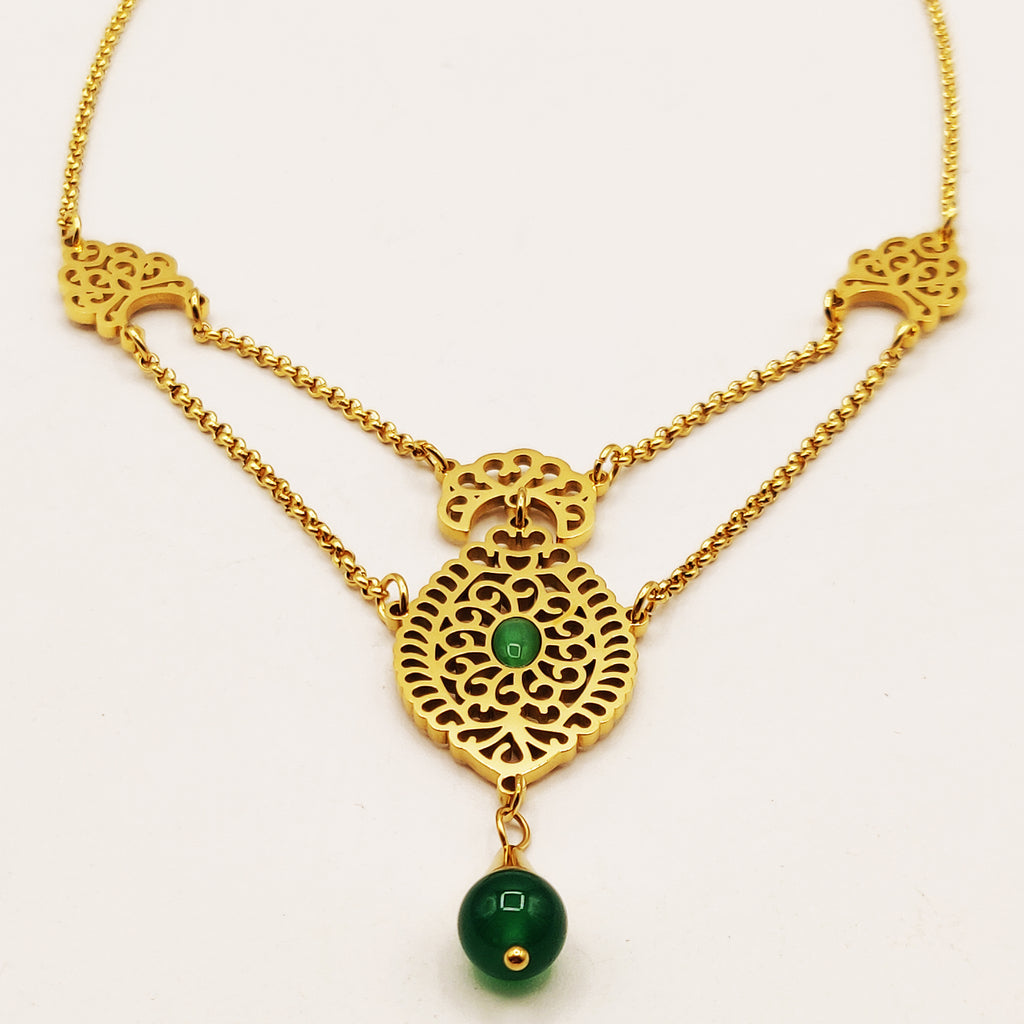 Collier Double Motif Oriental Pierres Vertes Luxe