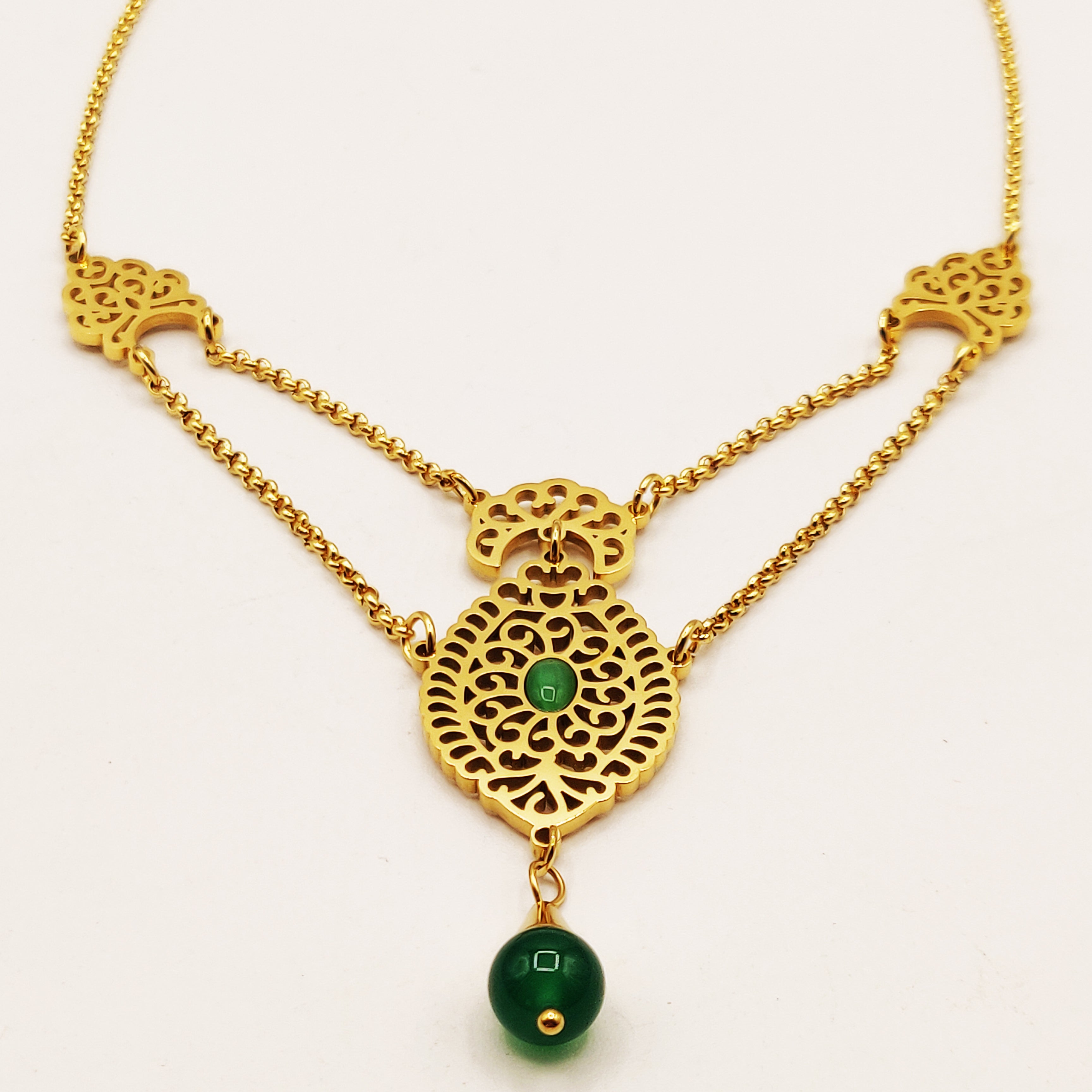 Collier Double Motif Oriental Pierres Vertes Luxe