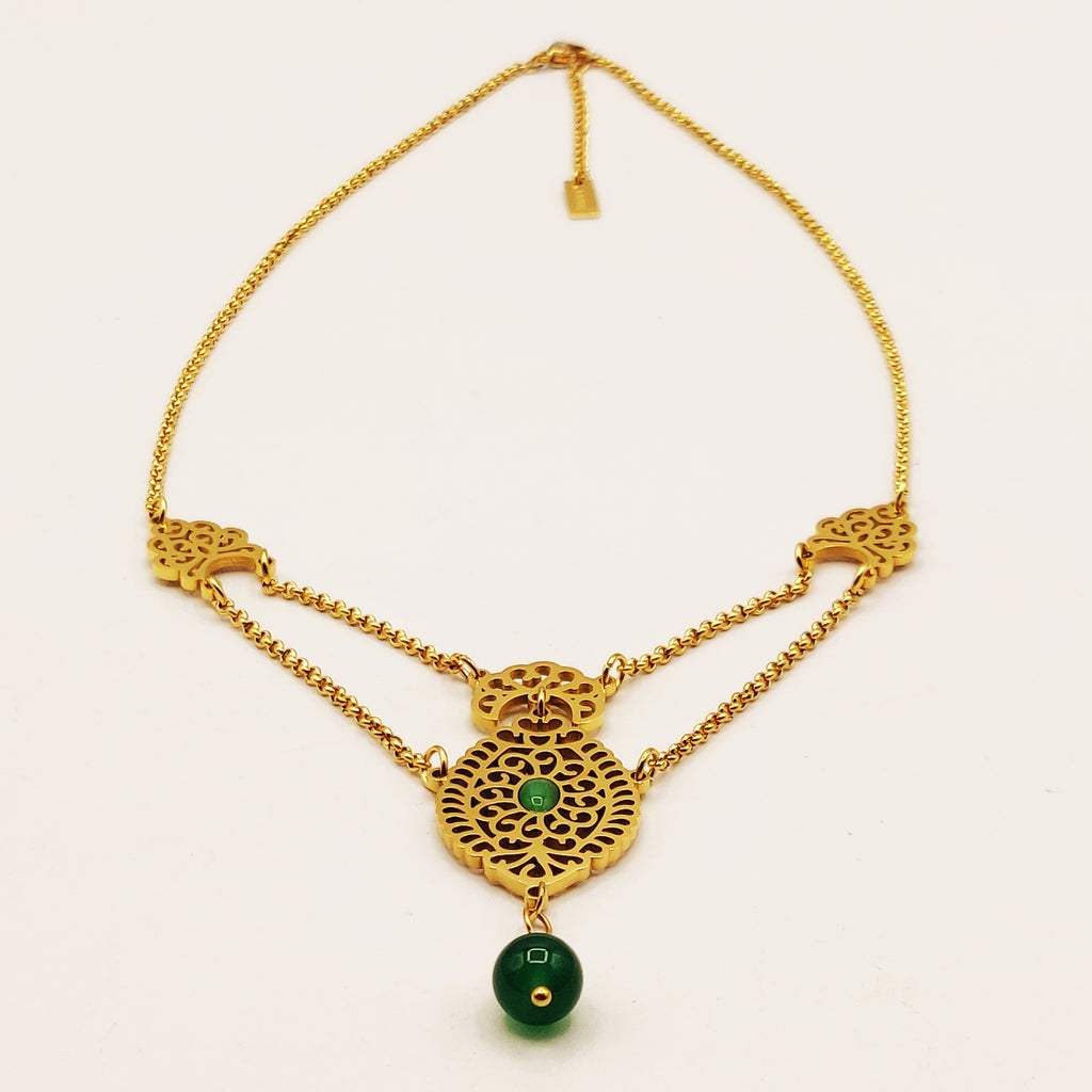 Collier Double Motif Oriental Pierres Vertes Luxe