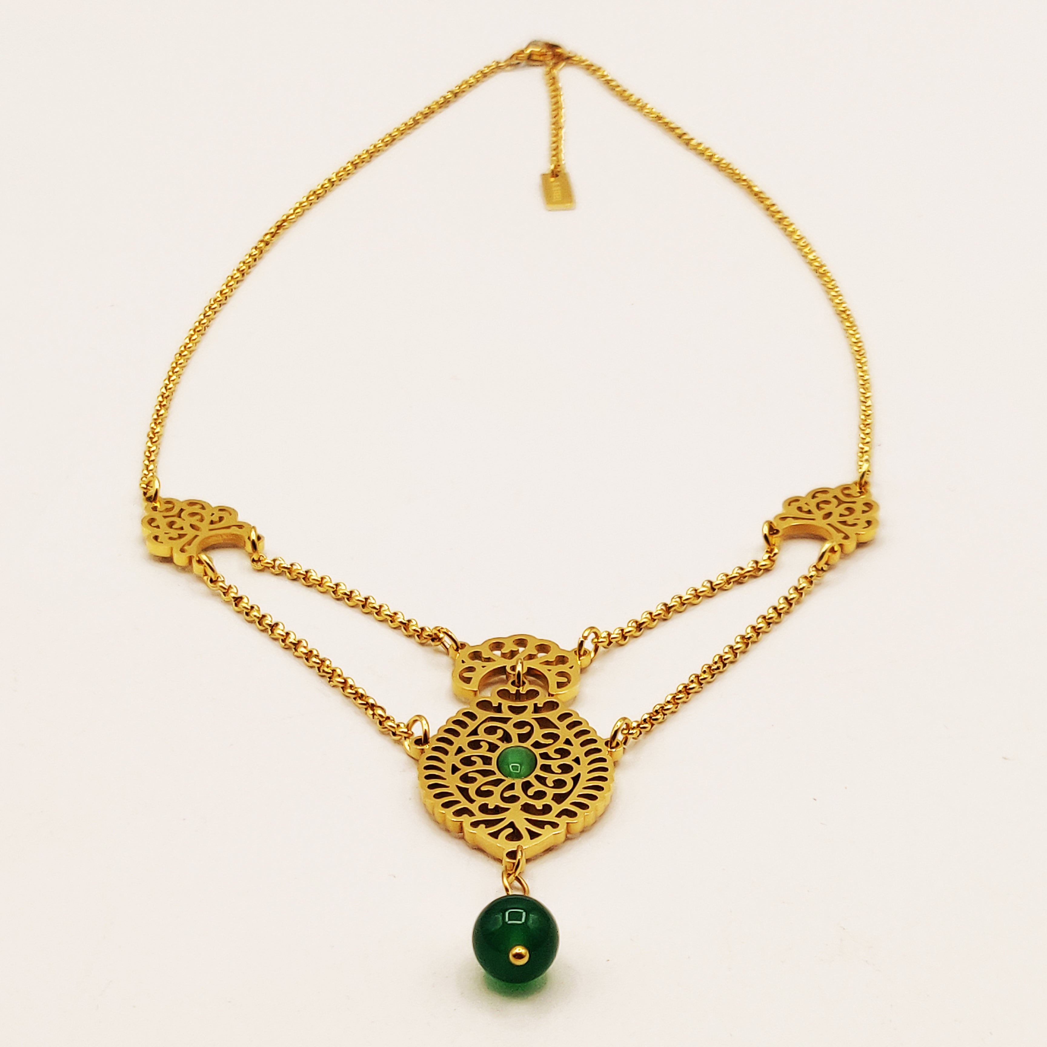 Collier Double Motif Oriental Pierres Vertes Luxe