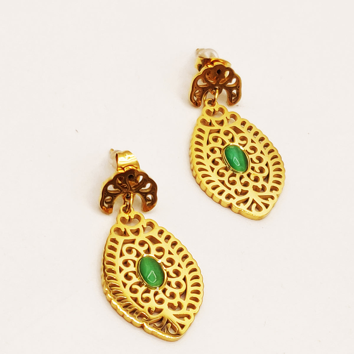 Boucles d'oreilles Motif Oriental Pierres Vertes Luxe