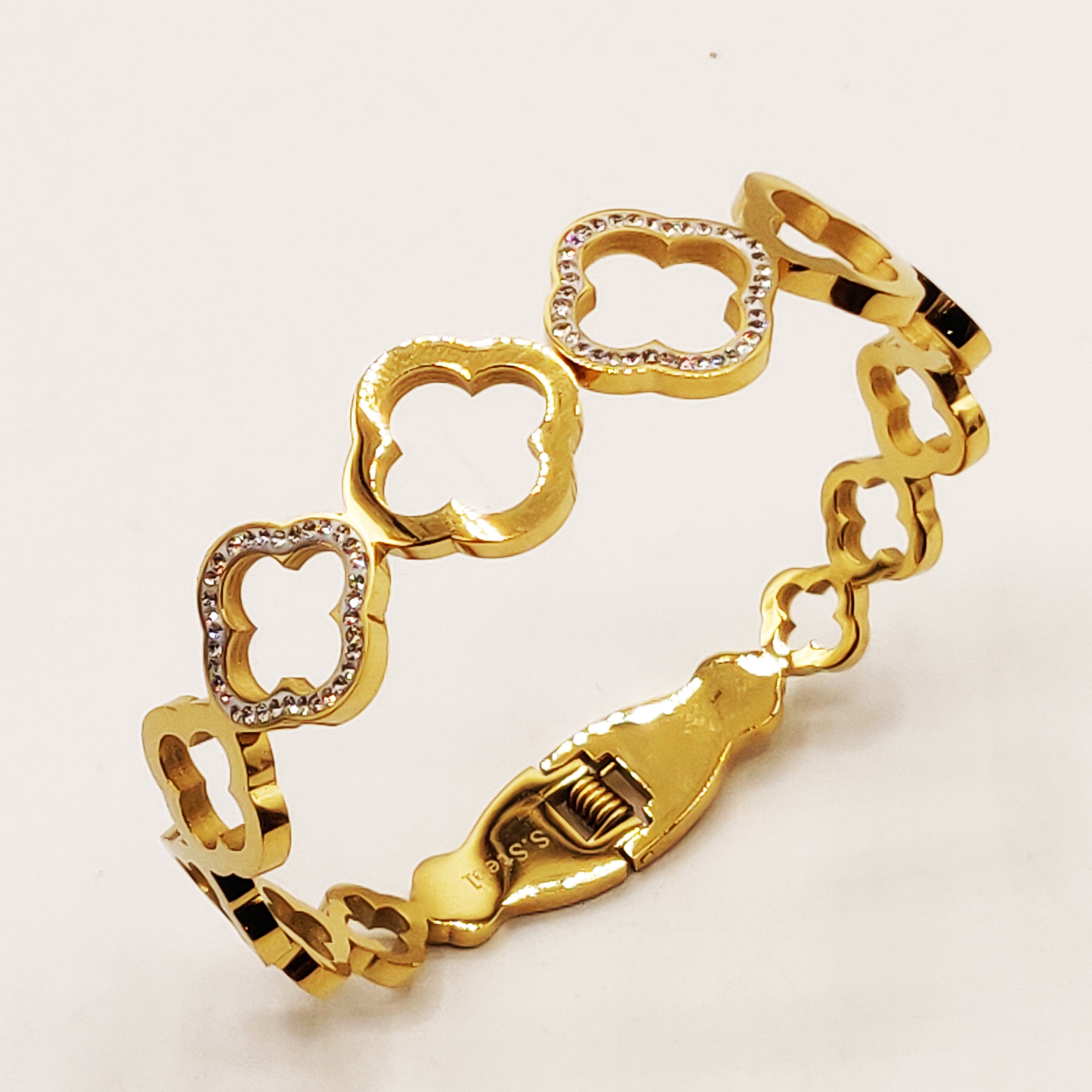 Bracelet Rigide Multi Trèfles Creux Cristaux Luxe