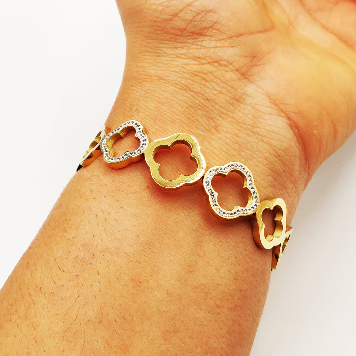 Bracelet Rigide Multi Trèfles Creux Cristaux Luxe