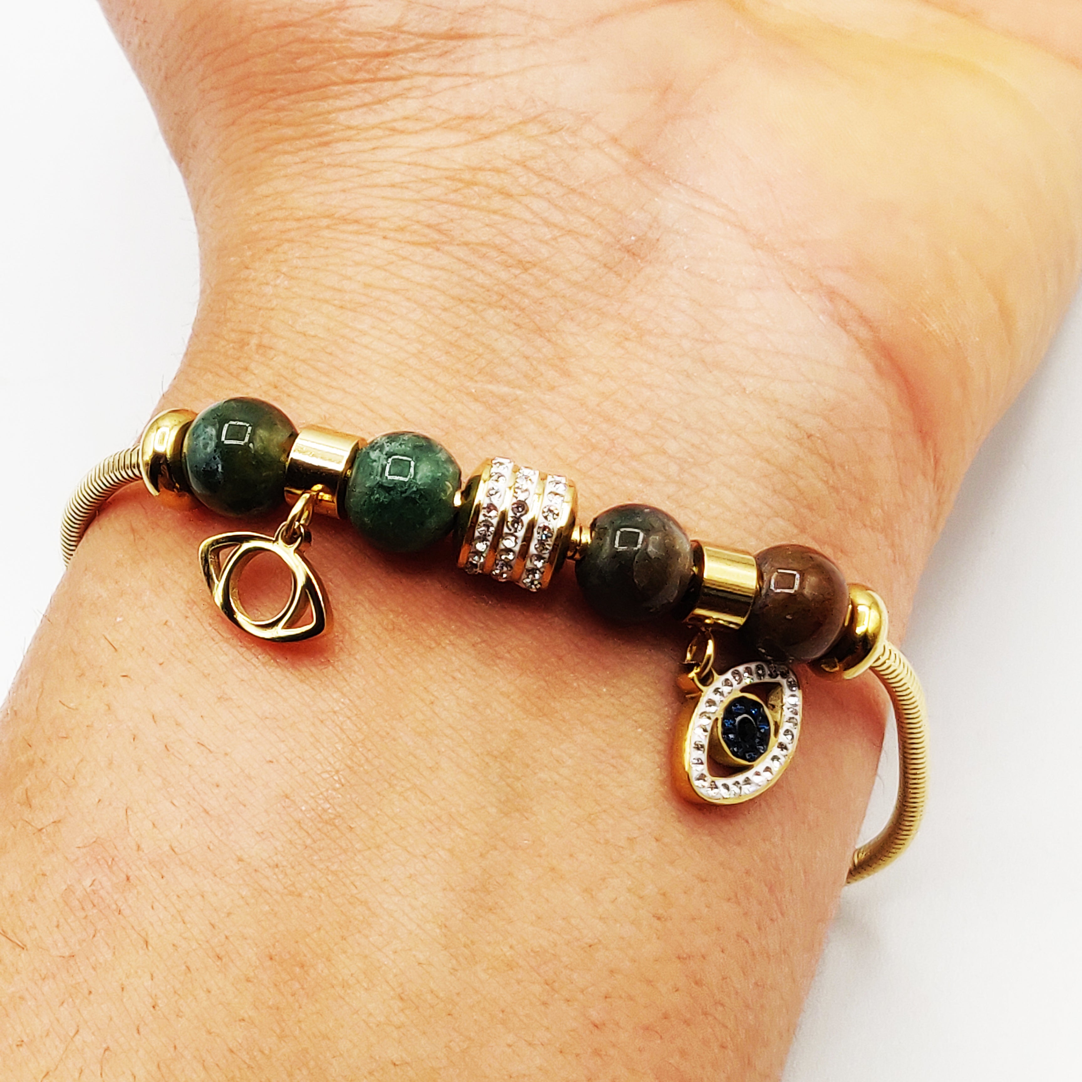 Bracelet Charme Oeil Pierres Verdâtres / Marrons