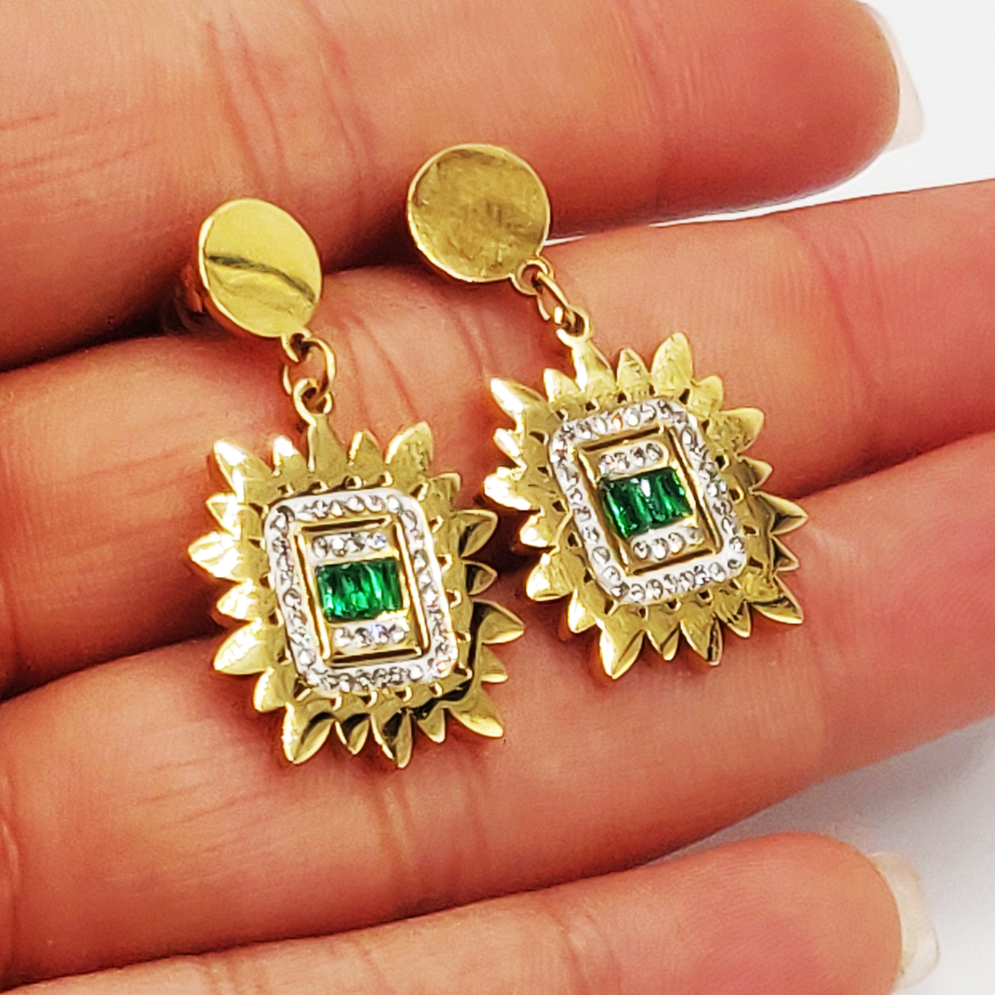 Boucles d'oreilles Soleil Cristal Vert Pendentifs Chaînes Luxe