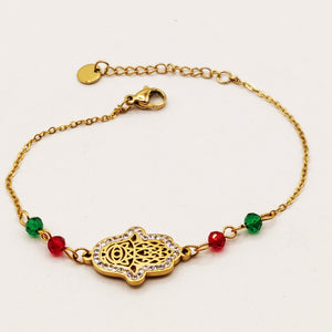 Bracelet Mains de Fatma Cristaux Perles d'imitation Vertes et Rouges Luxe