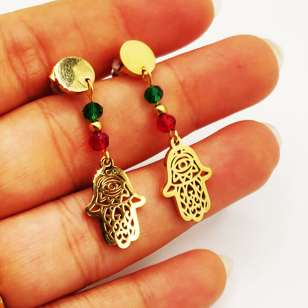 Boucles d'oreilles Mains de Fatma Perles d'imitation Vertes et Rouges Luxe