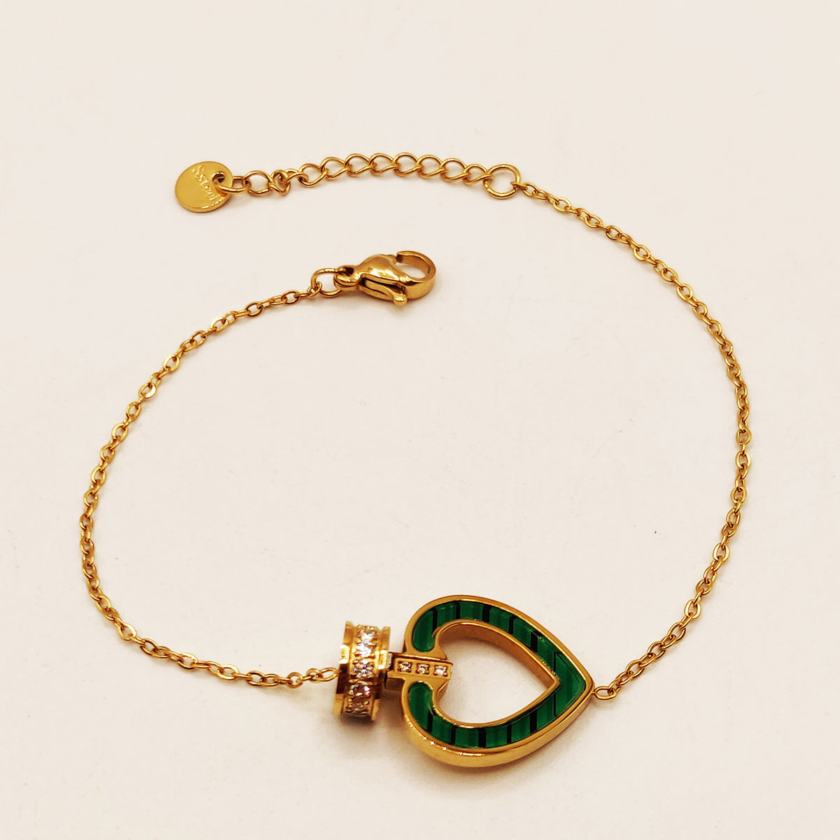 Bracelet Anneau Cristaux Coeur Vert Luxe