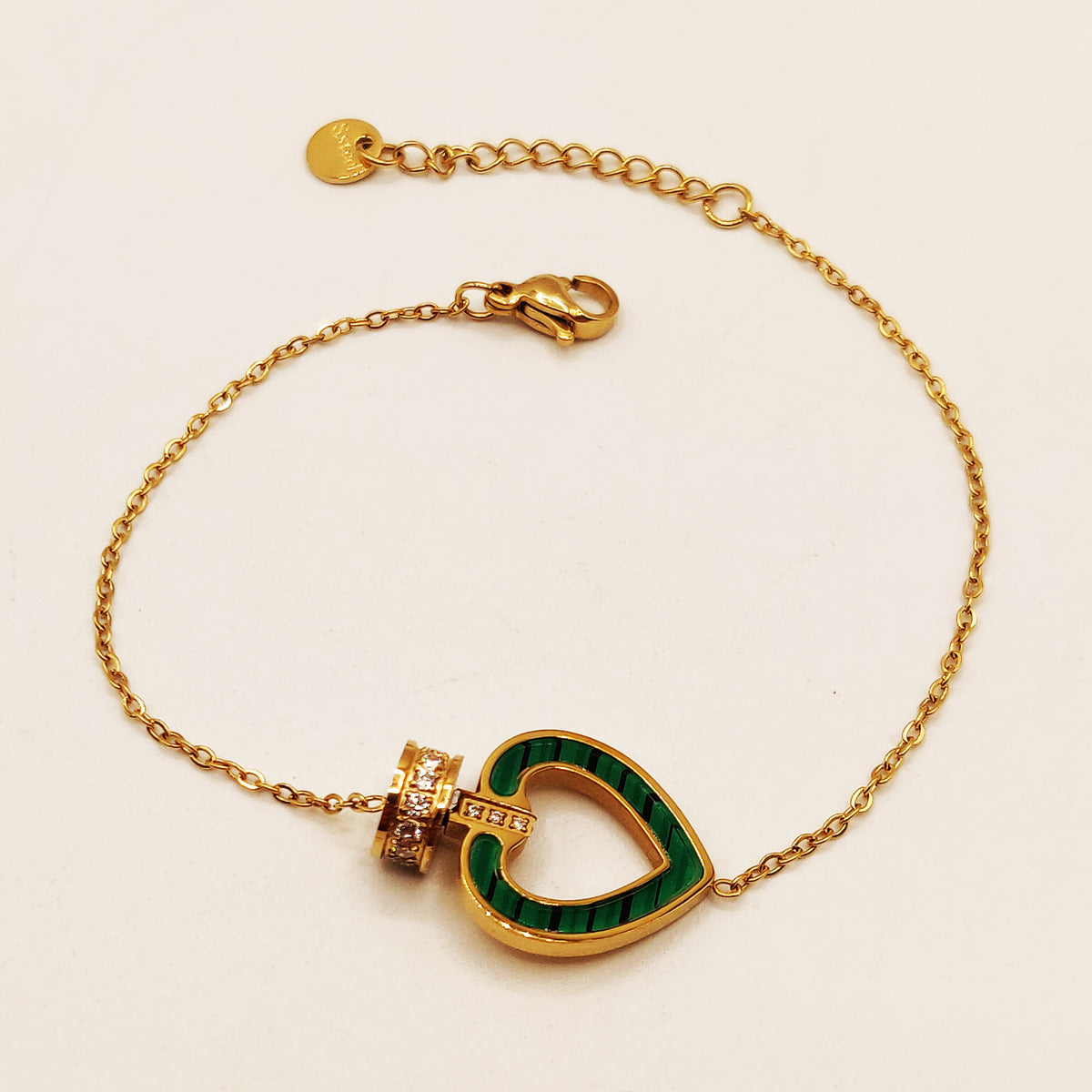 Bracelet Anneau Cristaux Coeur Vert Luxe