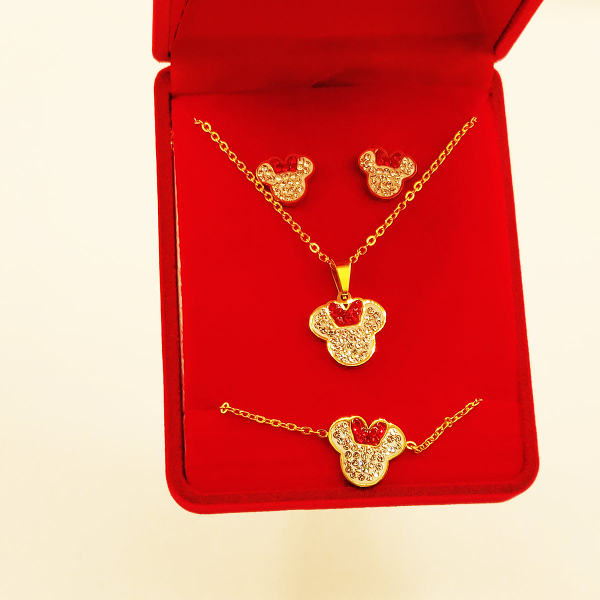Coffret Collier, Bracelet et Boucles d'oreilles Minnie Cristaux