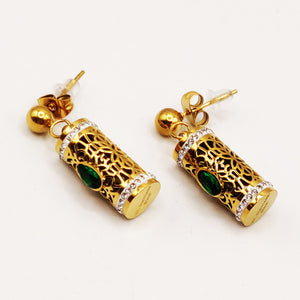 Boucles d'oreilles Pendentif Cylindrique Oriental Pierre Verte Luxe