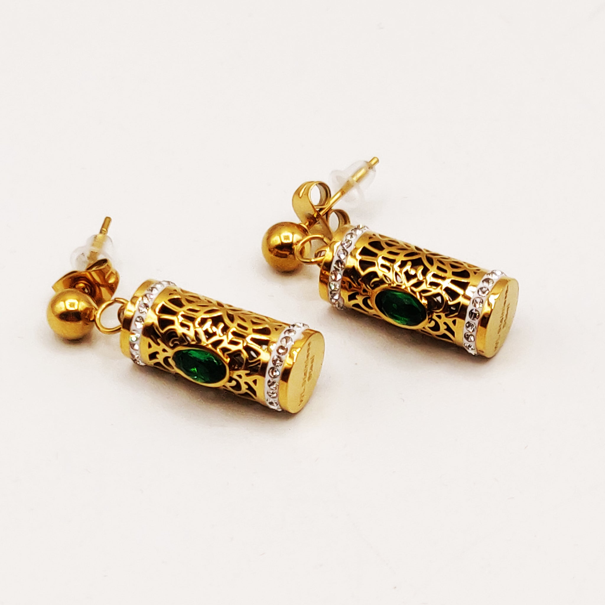 Boucles d'oreilles Pendentif Cylindrique Oriental Pierre Verte Luxe