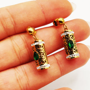 Boucles d'oreilles Pendentif Cylindrique Oriental Pierre Verte Luxe