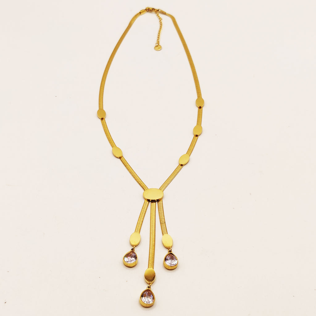 Collier Maille Triple Pendentifs Gouttes Cristaux