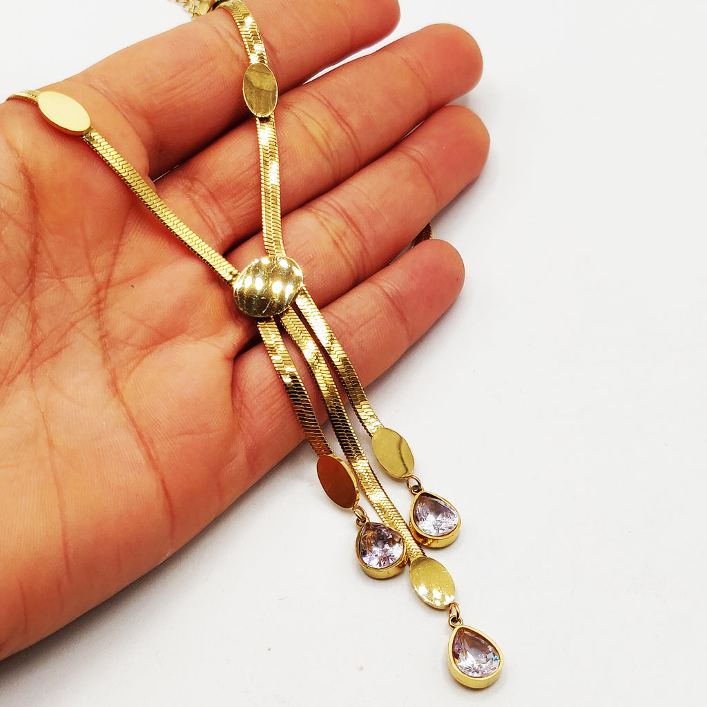 Collier Maille Triple Pendentifs Gouttes Cristaux