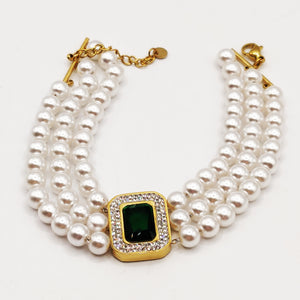 Bracelet Triple Perles d'imitation Rectangle Vert Tour Cristaux Luxe