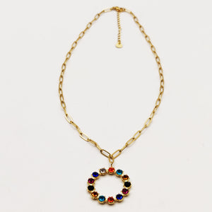 Collier Chaîne Cercle Cristaux Multicolores Luxe