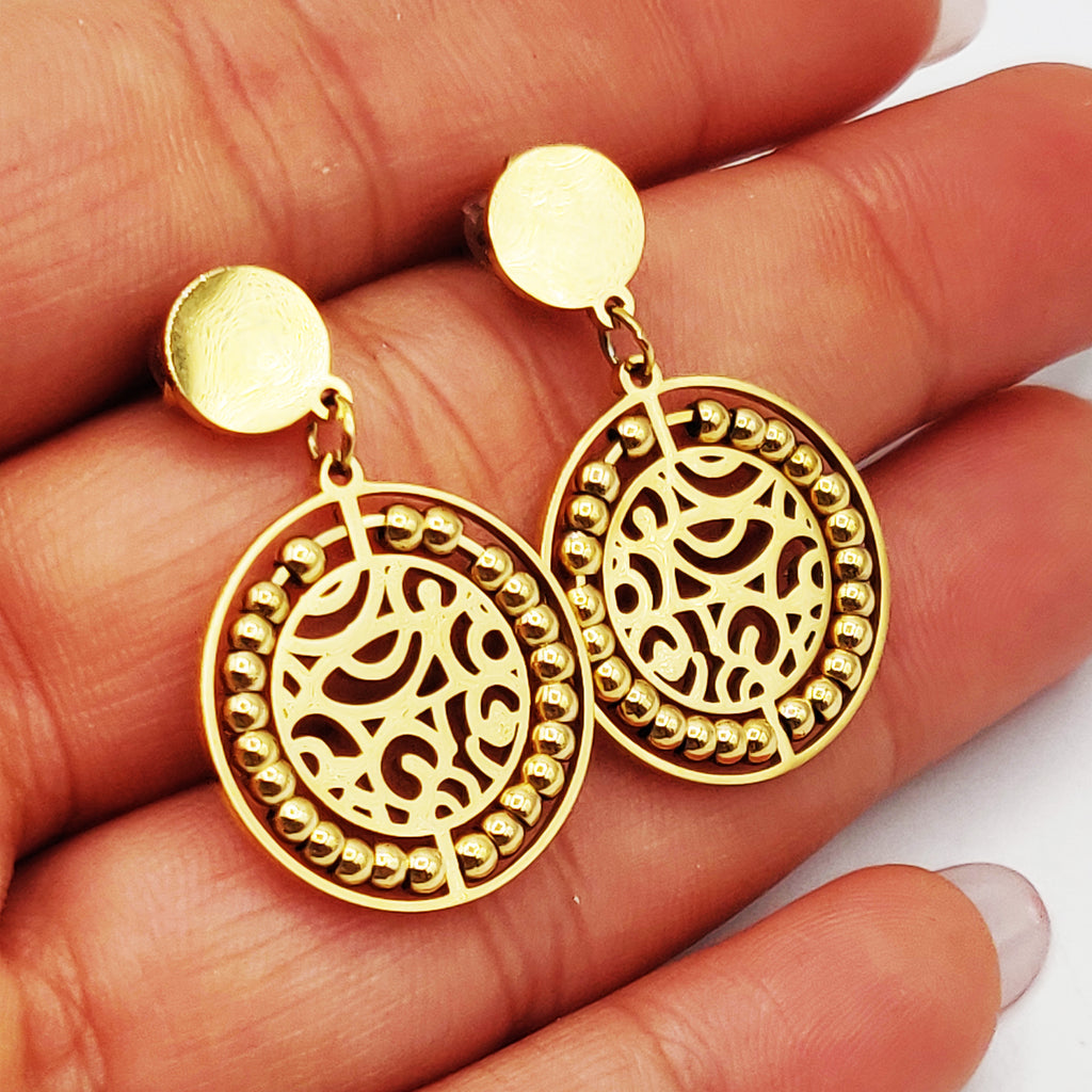 Boucles d'oreilles Cercles Motifs Orientaux et Perles d'imitation Dorées