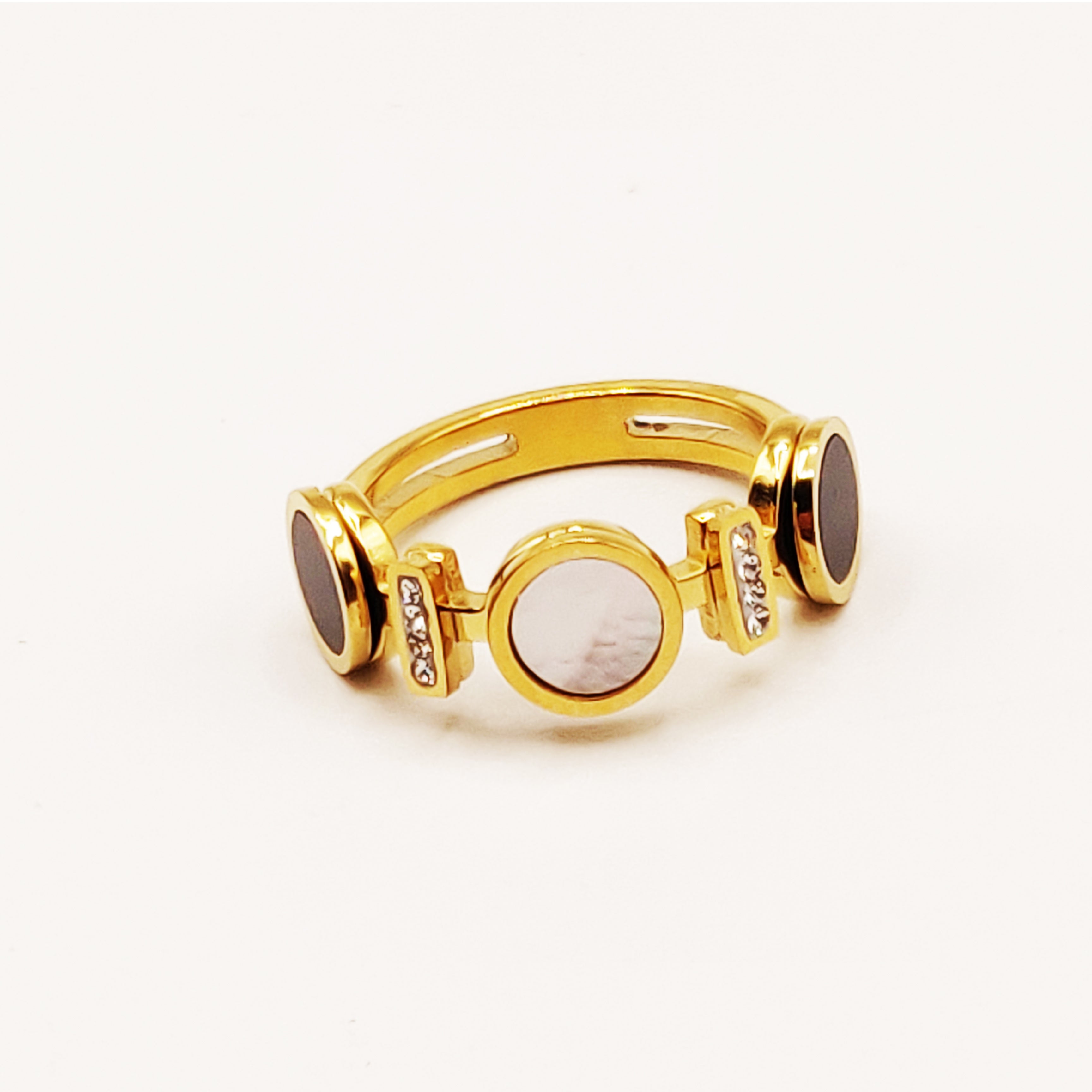 Bague Romaine Cercles Noirs et Blanc Nacré Cristaux