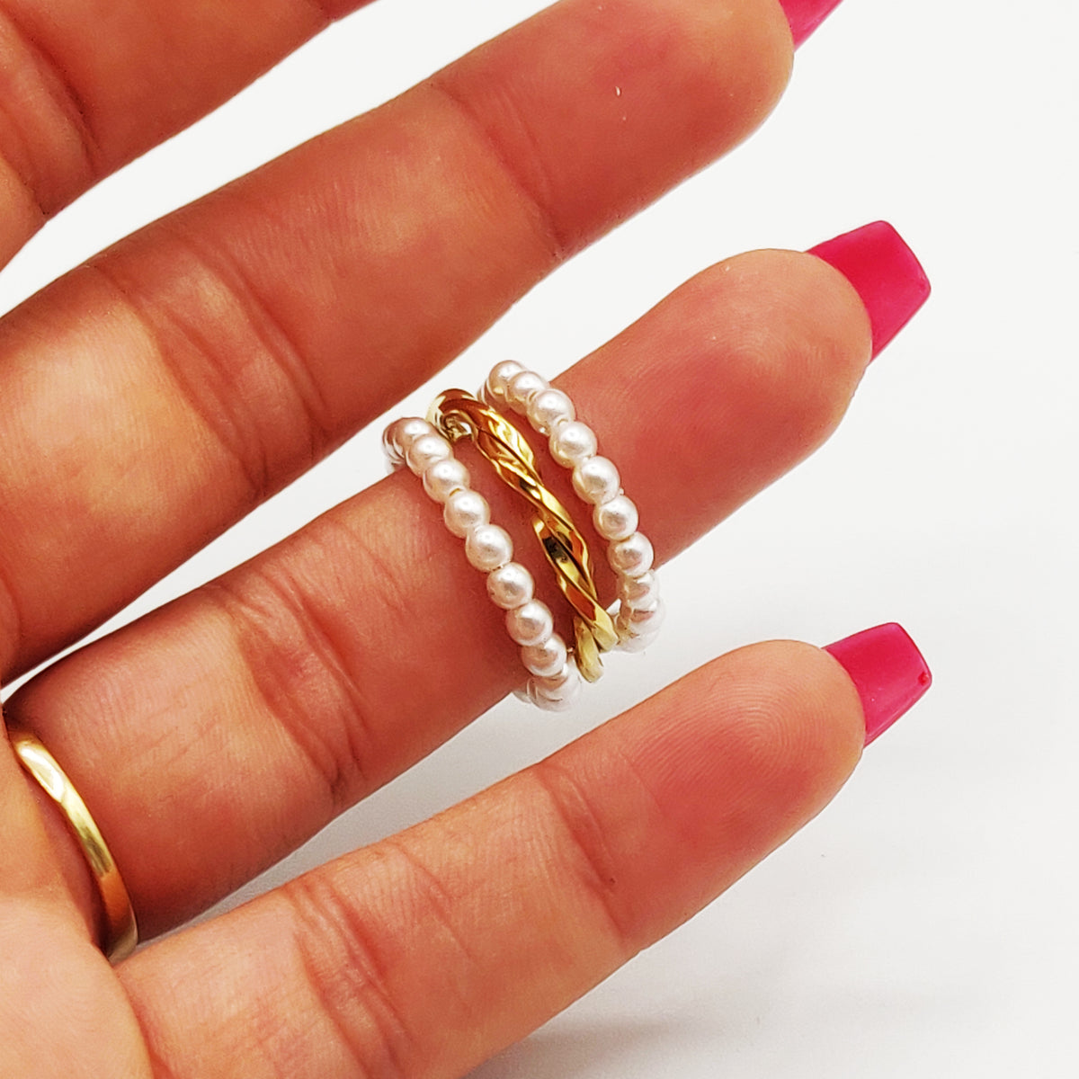 Bague Anneaux et Perles Blanches