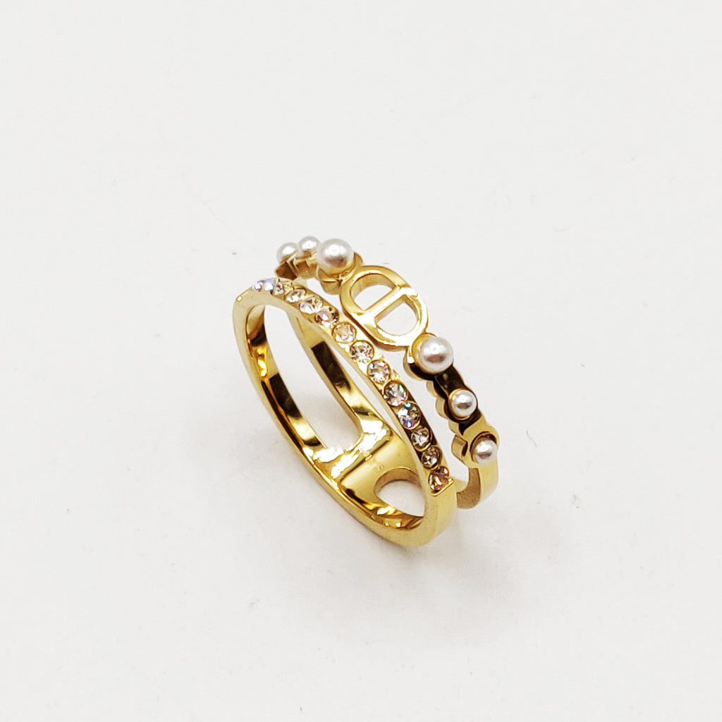 Bague ᗡD Luxe Perles d'imitation Blanches et Cristaux