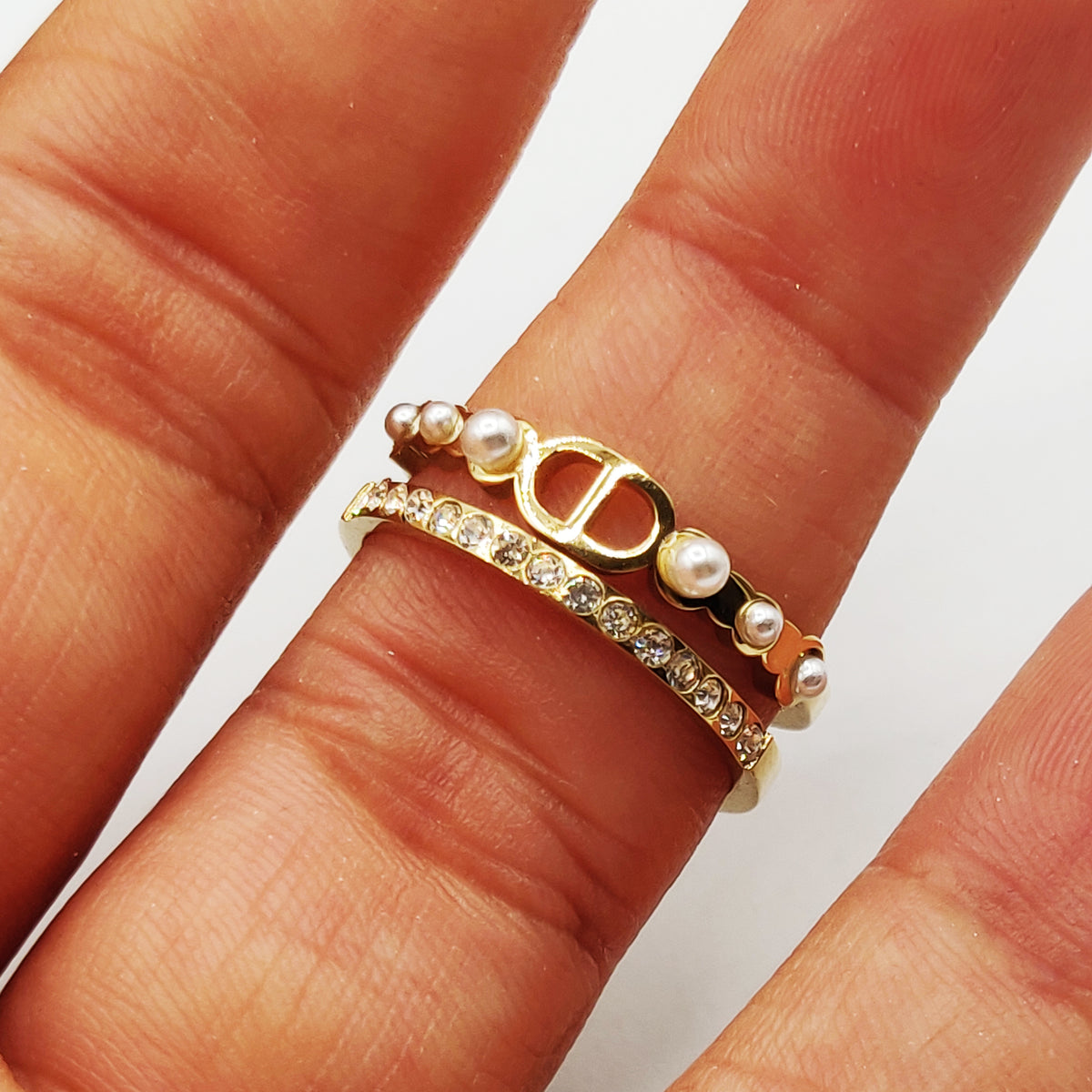 Bague ᗡD Luxe Perles d'imitation Blanches et Cristaux